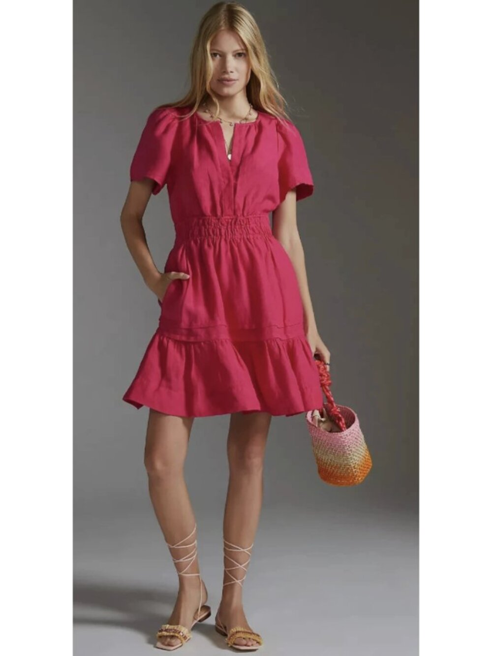 BY ANTHROPOLOGIE The Somerset Mini Dress Linen Edition Tiered Pink Medium Preppy